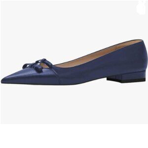 XYD Navy Basic Casual Dress Pointed Toe Bow Knot Low Heel Chunky Slip On Shoes